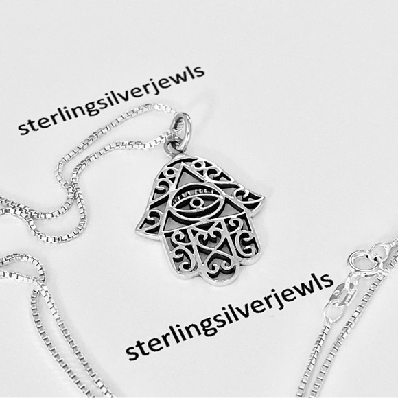 Silver Hamsa with Evil Eye Necklace, Hand of Fatima Chain, Religious Necklaces - Picture 5 of 11